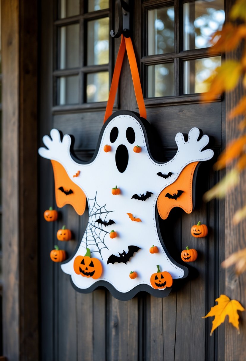 32 Halloween Door Hangers Ideas 2025: Creative Designs to Inspire Your Spooky Decor 16 A ghost-shaped Halloween door hanger hanging on a wooden front door with pumpkins and autumn leaves around.