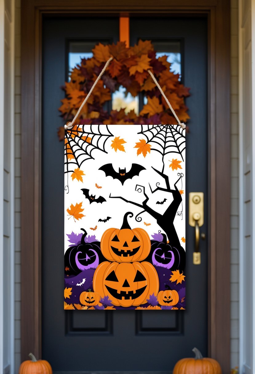 32 Halloween Door Hangers Ideas 2025: Creative Designs to Inspire Your Spooky Decor 17 A Halloween-themed door hanger with pumpkins and bats hanging on a front door decorated with fall foliage and small pumpkins.