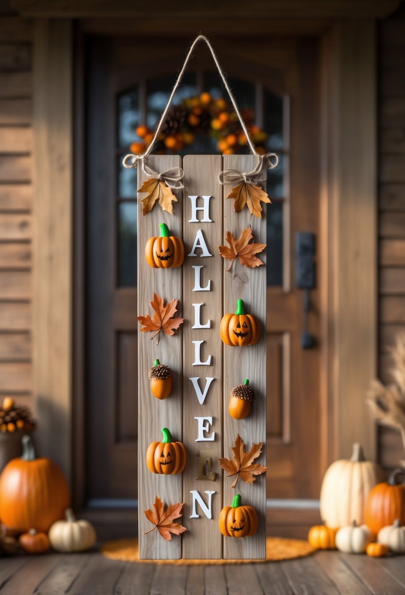 32 Halloween Door Hangers Ideas 2025: Creative Designs to Inspire Your Spooky Decor 19 A wooden door hanger decorated with pumpkins and autumn leaves hanging on a wooden front door with seasonal decorations around it.