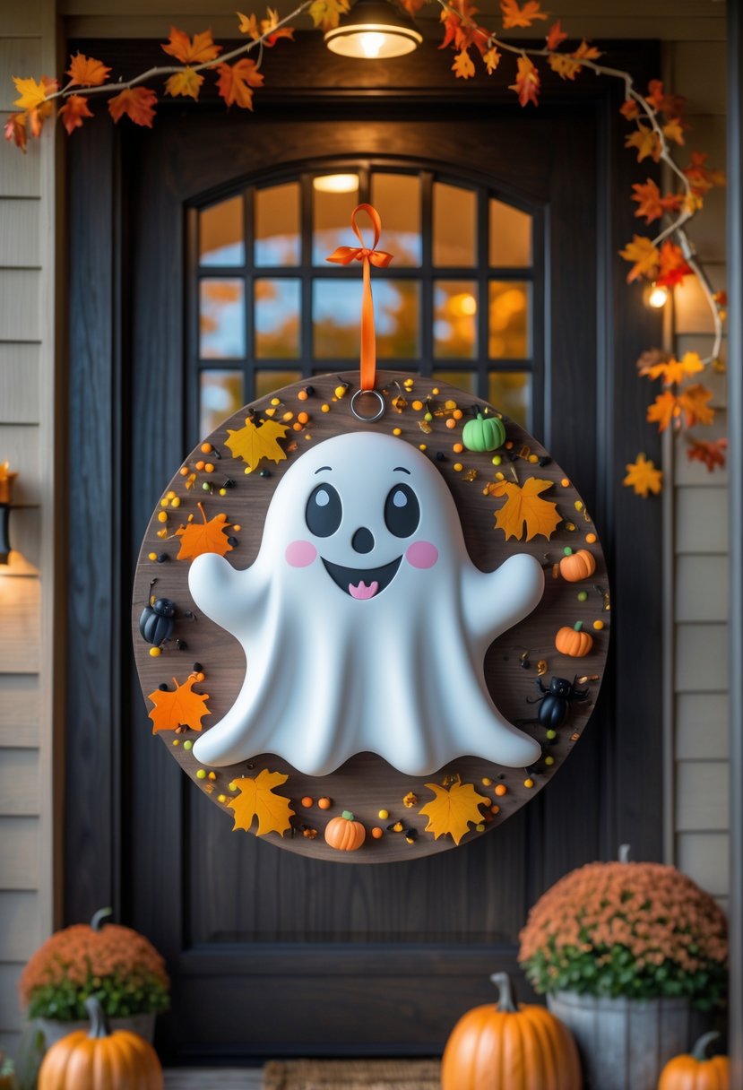32 Halloween Door Hangers Ideas 2025: Creative Designs to Inspire Your Spooky Decor 20 A round Halloween door hanger with a friendly ghost design hanging on a wooden door decorated with pumpkins and fall leaves.
