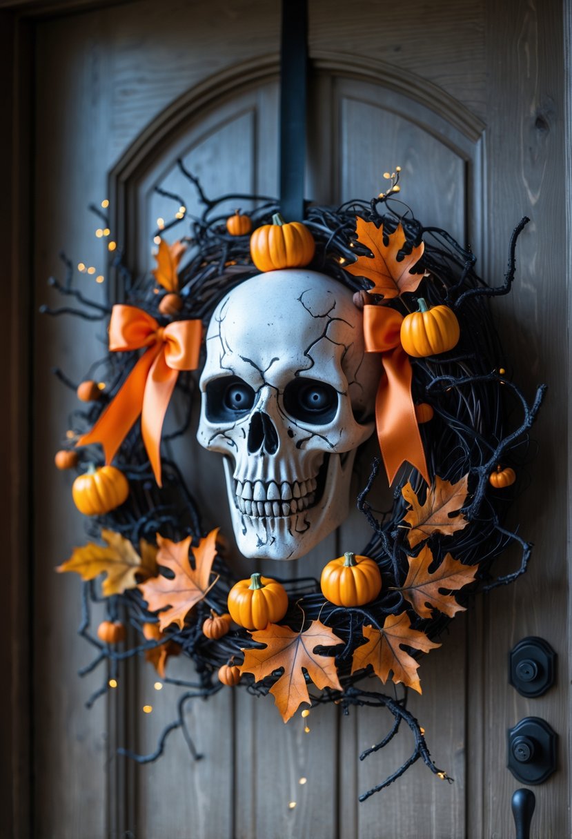 32 Halloween Door Hangers Ideas 2025: Creative Designs to Inspire Your Spooky Decor 21 A Halloween door wreath with a scary skull centerpiece decorated with pumpkins, ribbons, and autumn leaves hanging on a wooden door.