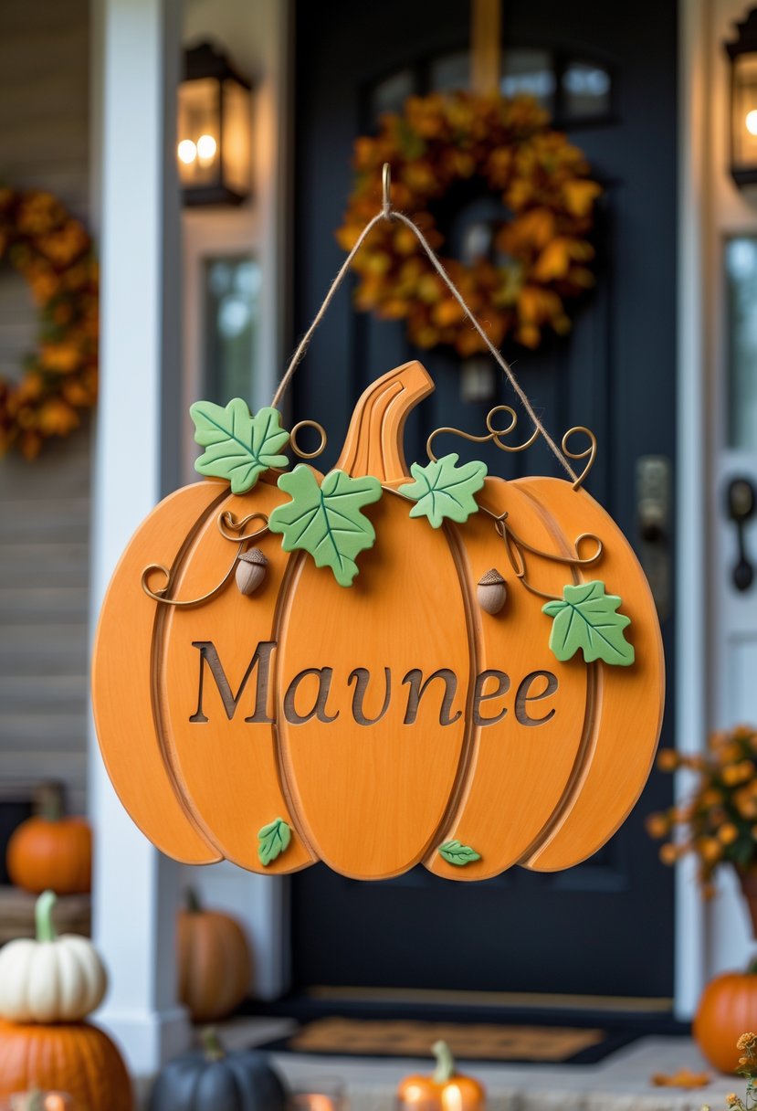 32 Halloween Door Hangers Ideas 2025: Creative Designs to Inspire Your Spooky Decor 22 A pumpkin-shaped door hanger decorated with autumn leaves and vines hanging on a front door surrounded by fall decorations.