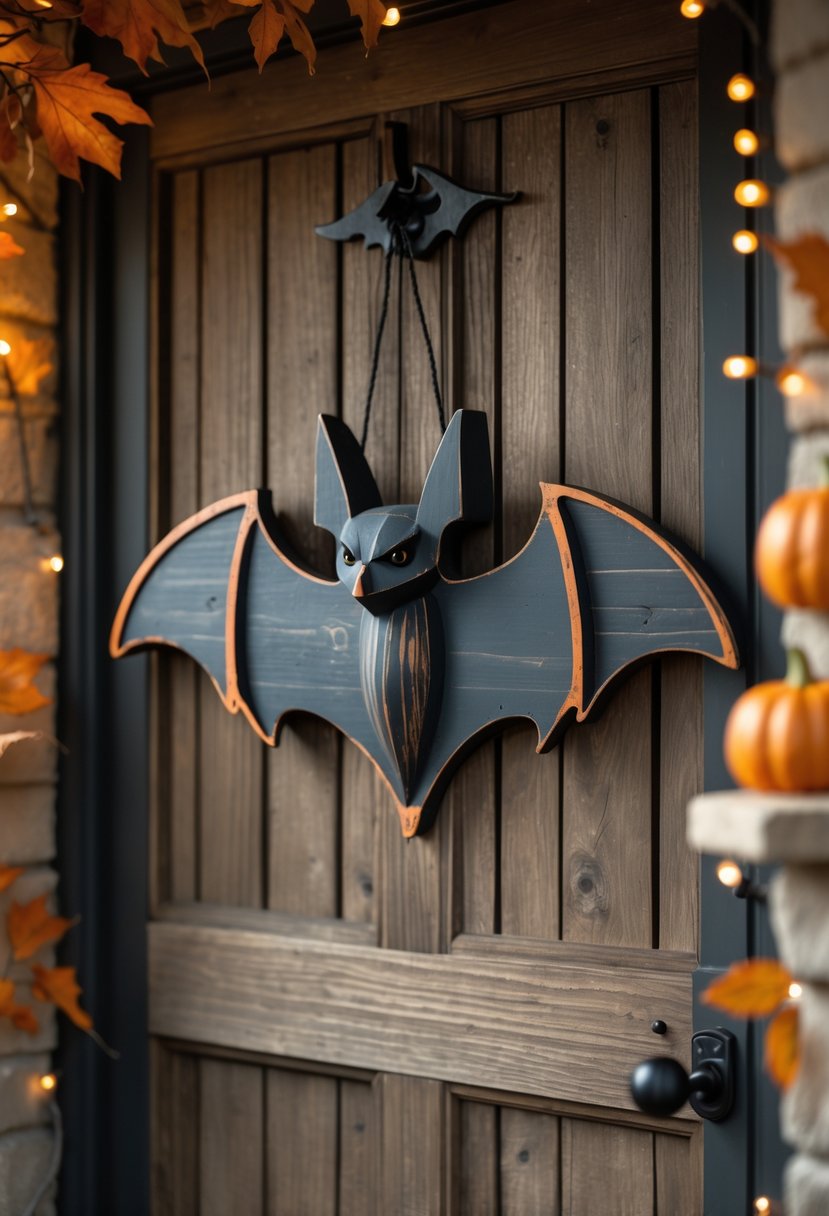 32 Halloween Door Hangers Ideas 2025: Creative Designs to Inspire Your Spooky Decor 23 A wooden bat-shaped door hanger hanging on a rustic door surrounded by Halloween decorations including pumpkins and autumn leaves.