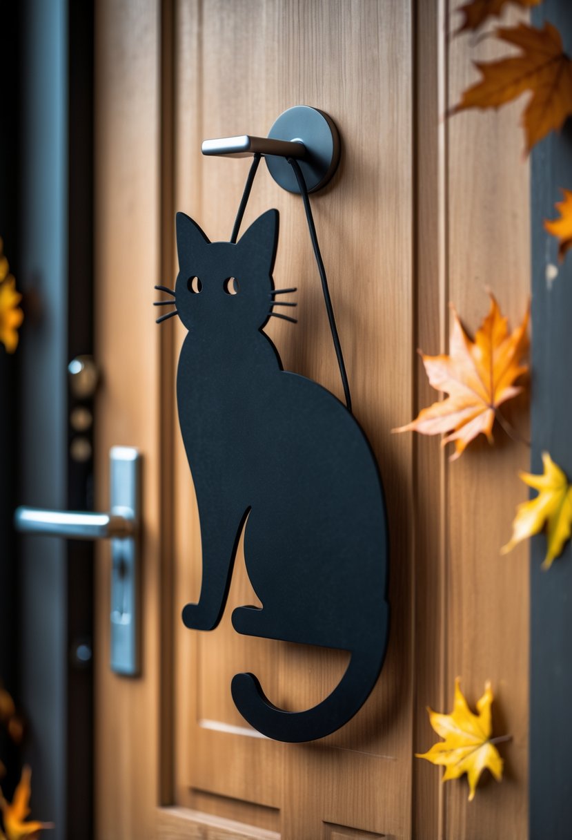 32 Halloween Door Hangers Ideas 2025: Creative Designs to Inspire Your Spooky Decor 24 A black cat-shaped door hanger hanging on a wooden front door handle with autumn leaves on the doorstep.