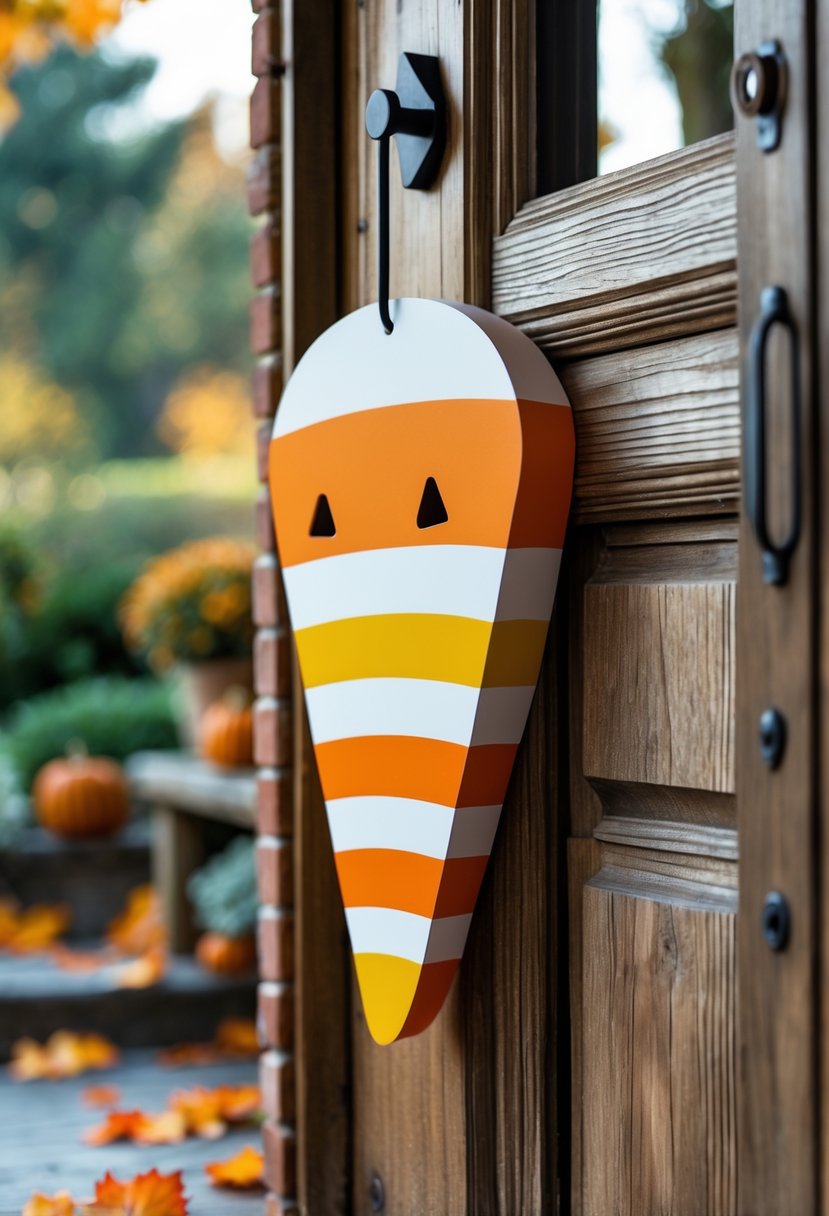 32 Halloween Door Hangers Ideas 2025: Creative Designs to Inspire Your Spooky Decor 25 A candy corn shaped Halloween door hanger hanging on a wooden front door with autumn leaves around the doorstep.
