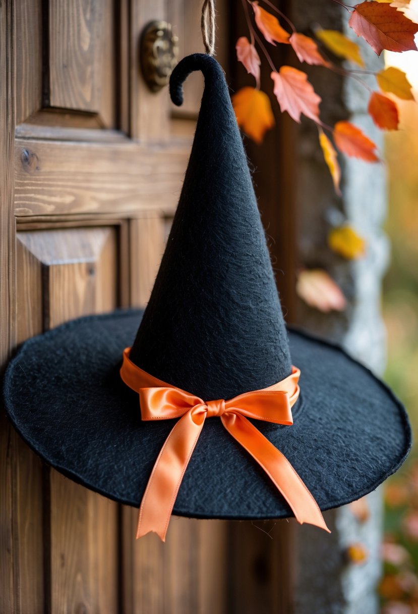 32 Halloween Door Hangers Ideas 2025: Creative Designs to Inspire Your Spooky Decor 26 A witch hat-shaped door hanger hanging on a wooden door with autumn leaves in the background.