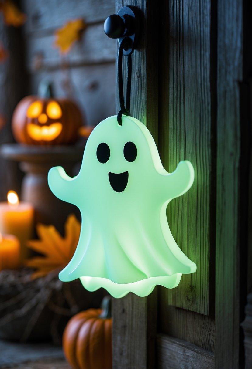 32 Halloween Door Hangers Ideas 2025: Creative Designs to Inspire Your Spooky Decor 27 A glowing ghost-shaped door hanger hanging on a wooden door with Halloween decorations in the background.