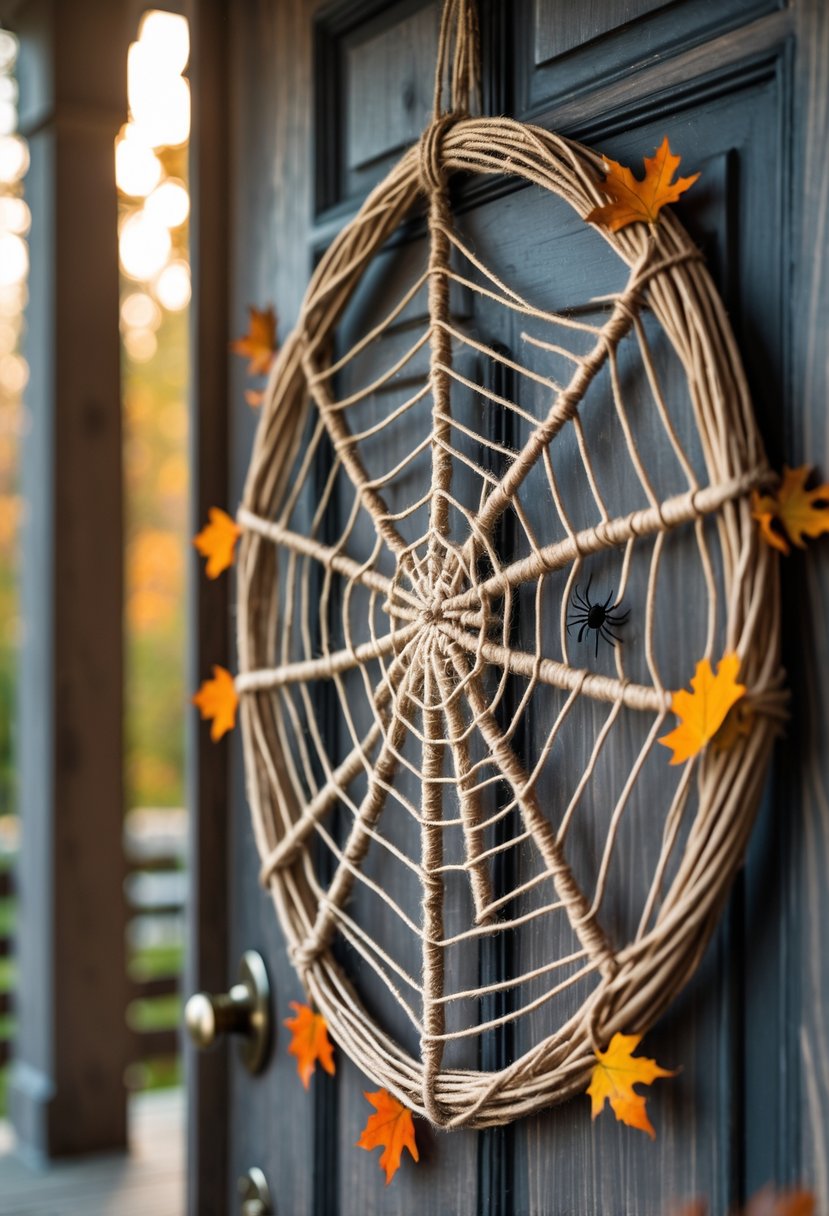 32 Halloween Door Hangers Ideas 2025: Creative Designs to Inspire Your Spooky Decor 28 A spider web made from twine hanging on a wooden door with small decorative spiders and autumn leaves.