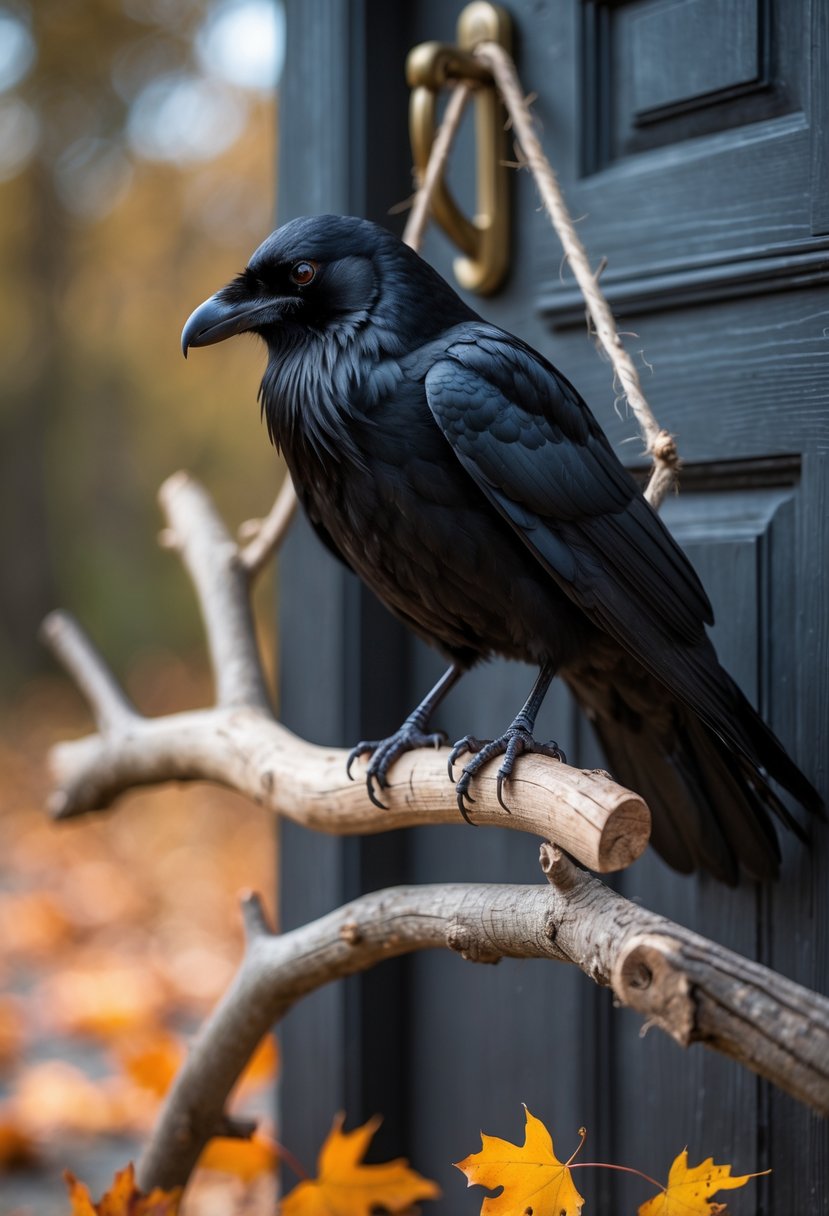 32 Halloween Door Hangers Ideas 2025: Creative Designs to Inspire Your Spooky Decor 29 A black raven perched on a wooden branch door hanger with autumn leaves around it, hanging on a dark wooden door.