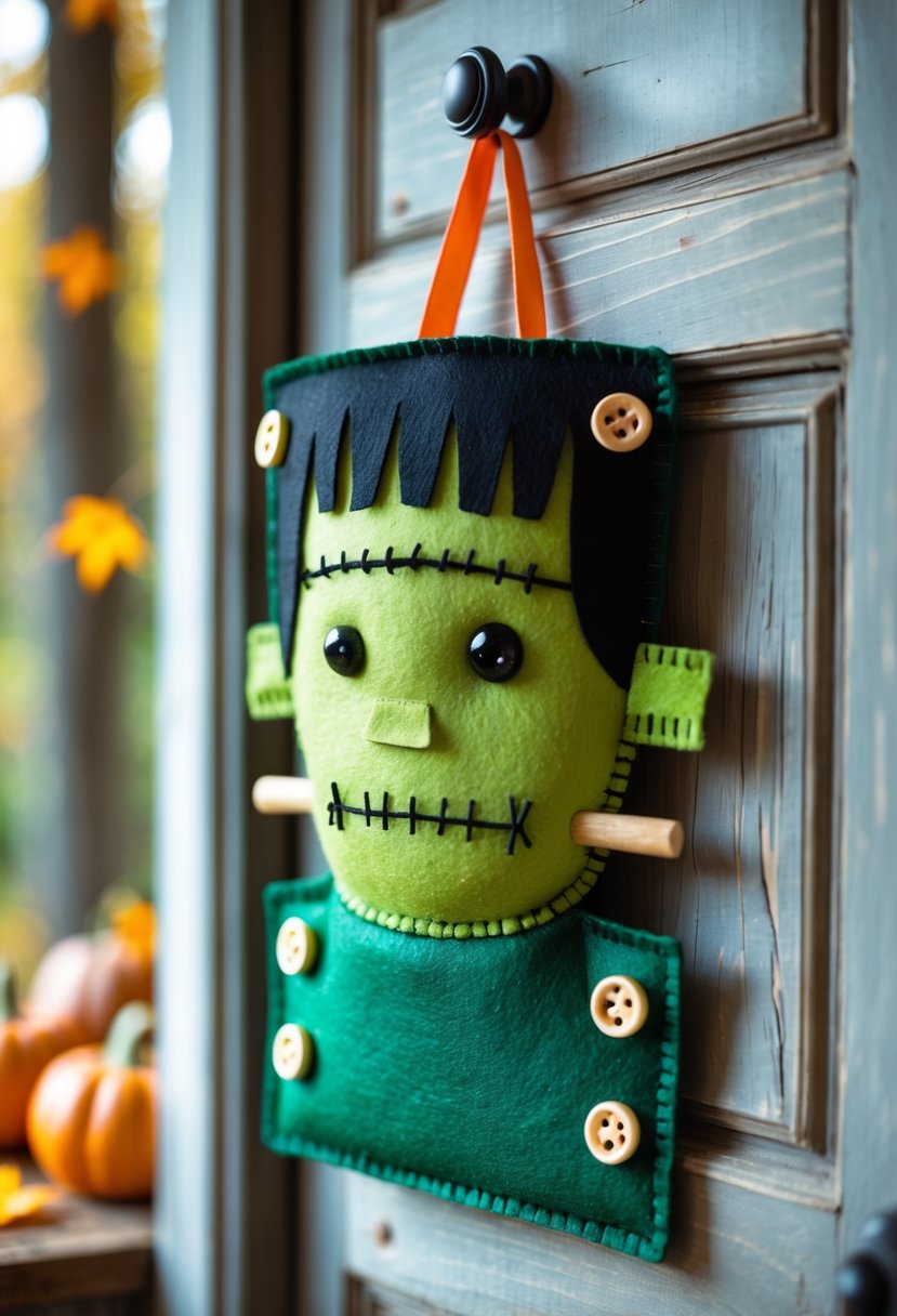 32 Halloween Door Hangers Ideas 2025: Creative Designs to Inspire Your Spooky Decor 30 A felt Frankenstein door hanger hanging on a wooden door with pumpkins and fall leaves nearby.