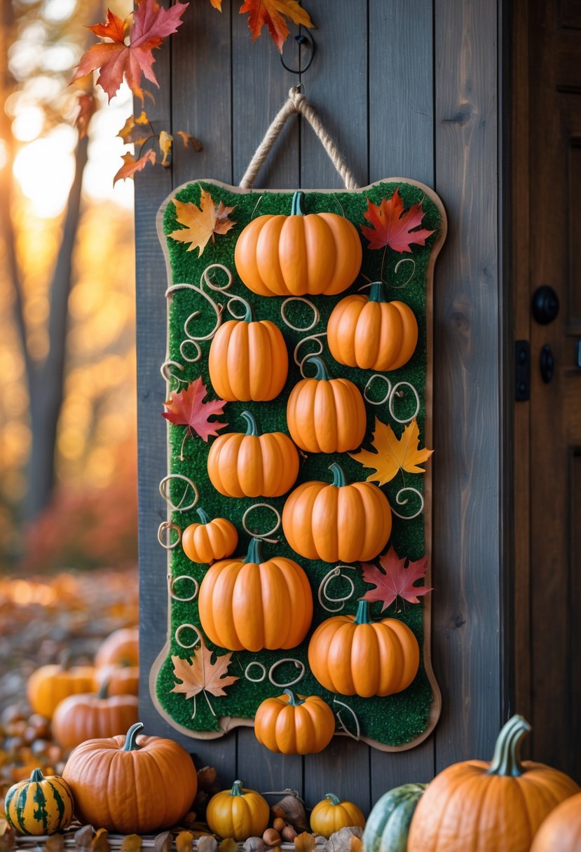 32 Halloween Door Hangers Ideas 2025: Creative Designs to Inspire Your Spooky Decor 31 A wooden door with a decorative pumpkin patch door hanger featuring pumpkins, vines, and autumn leaves.
