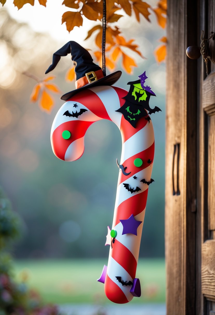 32 Halloween Door Hangers Ideas 2025: Creative Designs to Inspire Your Spooky Decor 32 A striped candy cane shaped door hanger decorated with witch-themed elements hanging on a wooden door with autumn leaves in the background.