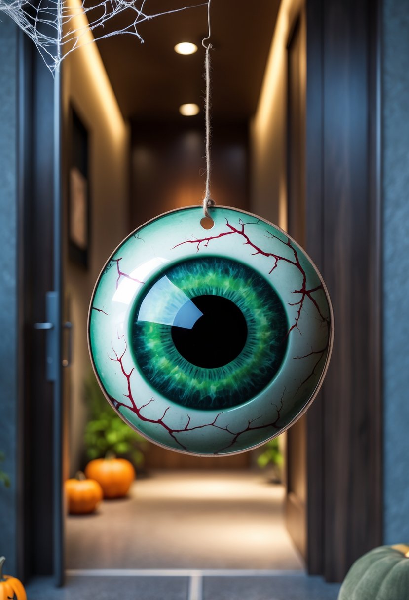 32 Halloween Door Hangers Ideas 2025: Creative Designs to Inspire Your Spooky Decor 33 A creepy eyeball door hanger hanging on a wooden door with Halloween decorations around it.