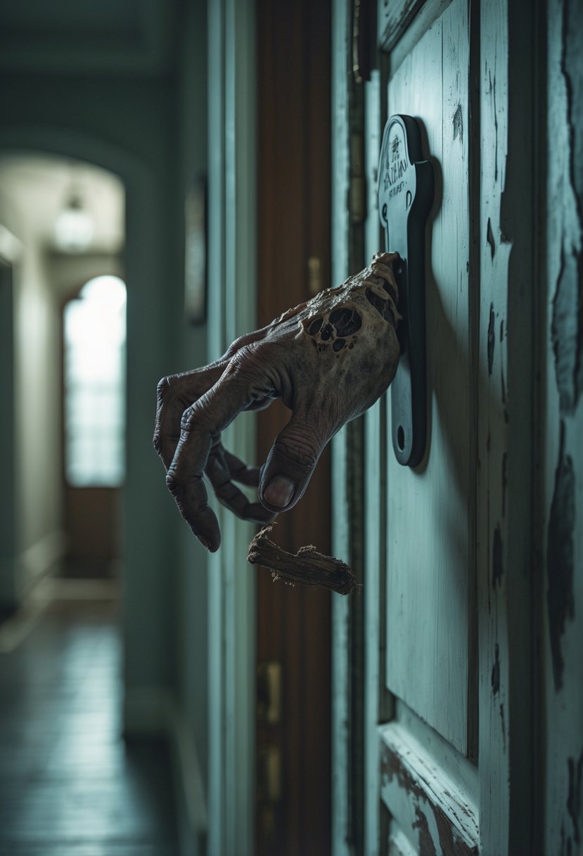 32 Halloween Door Hangers Ideas 2025: Creative Designs to Inspire Your Spooky Decor 34 A decayed zombie hand reaching out from behind a slightly open wooden door, gripping the edge of a door hanger.