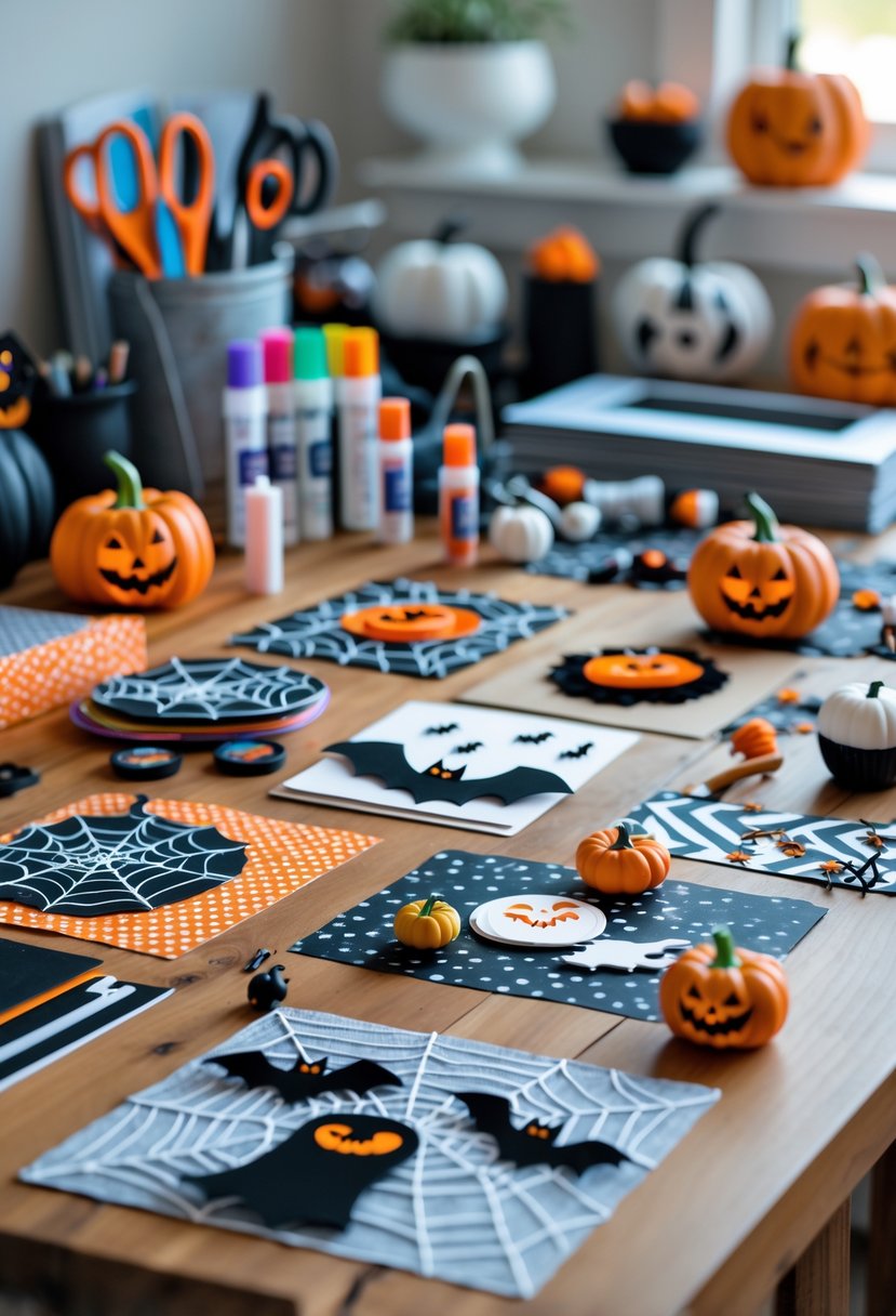 32 Halloween Door Hangers Ideas 2025: Creative Designs to Inspire Your Spooky Decor 35 A workspace with craft supplies and several completed Halloween door hangers arranged on a wooden table.