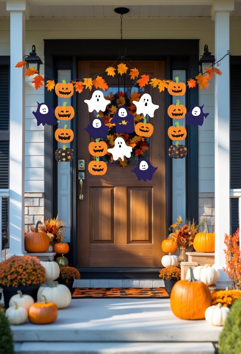 32 Halloween Door Hangers Ideas 2025: Creative Designs to Inspire Your Spooky Decor 36 A front door decorated with various colorful Halloween door hangers and fall decorations on a porch.