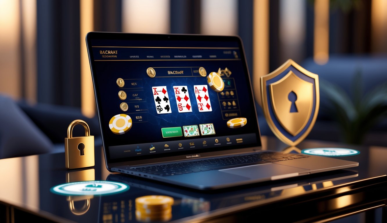 Sebuah komputer modern menampilkan permainan baccarat online dengan kartu dan chip di layar, dikelilingi oleh simbol keamanan dan latar belakang yang elegan.