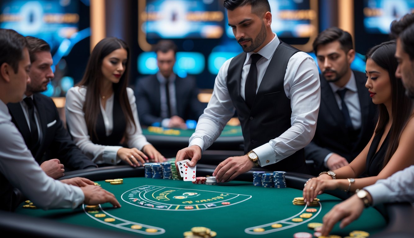 Suasana permainan baccarat live online dengan dealer dan pemain di meja kasino modern.