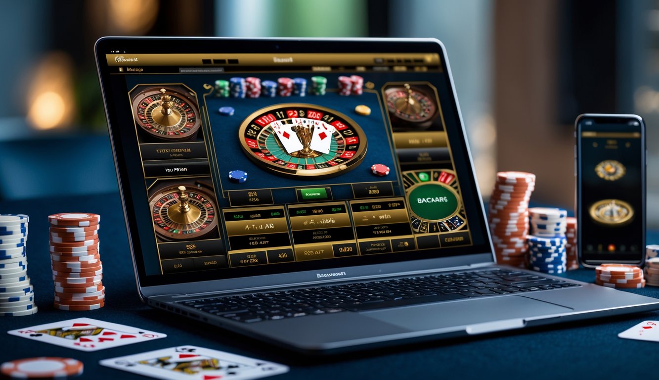 Sebuah laptop modern menampilkan permainan baccarat online dengan kartu dan chip kasino di sekitarnya di meja yang rapi.