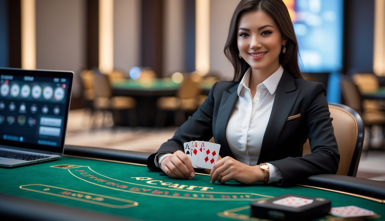 Seorang dealer profesional wanita duduk di meja baccarat dengan kartu di tangan dan layar digital di sampingnya.