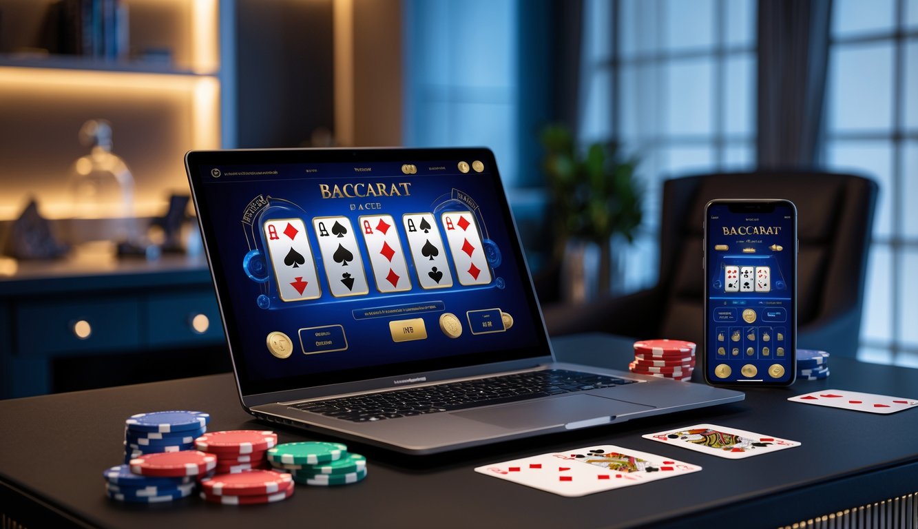 Sebuah meja dengan laptop dan ponsel yang menampilkan permainan baccarat online, dilengkapi dengan chip dan kartu remi di sekitarnya.