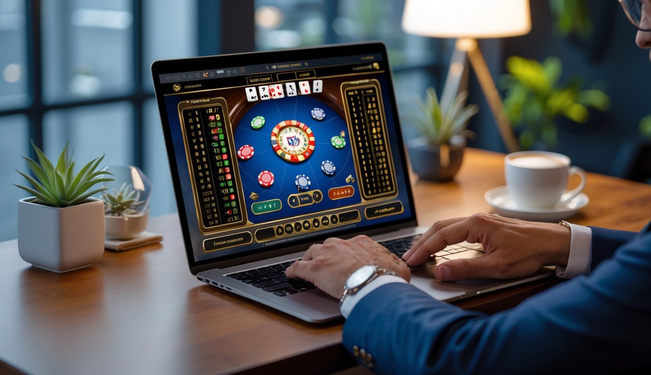 Seseorang bermain baccarat online di laptop di meja kerja yang rapi dengan tanaman kecil dan secangkir kopi.