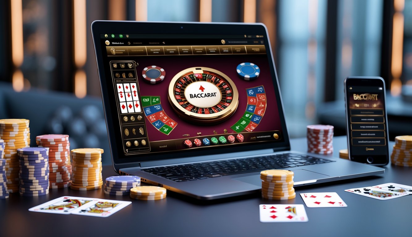 Sebuah laptop dengan permainan baccarat online di layar, dikelilingi oleh chip kasino dan kartu remi di atas meja.