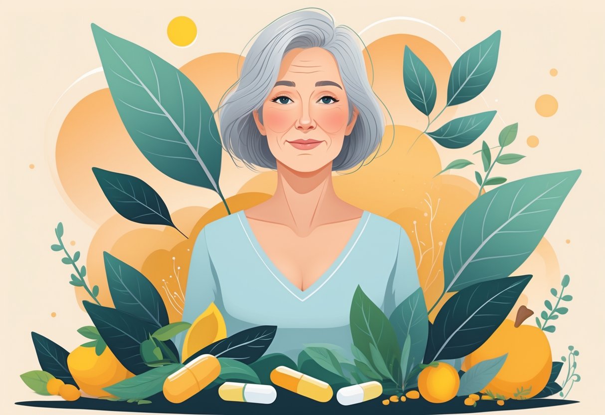 En midaldrende kvinde omgivet af naturlige kosttilskud, der symboliserer sundhed og balance under overgangsalderen.