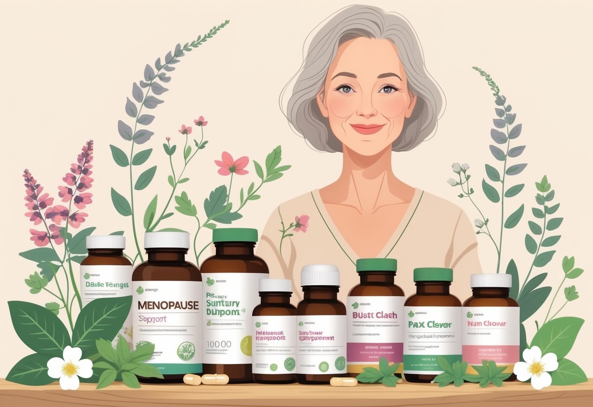 En middelaldrende kvinde omgivet af kosttilskud og naturlige urter, der symboliserer støtte til overgangsalderen.