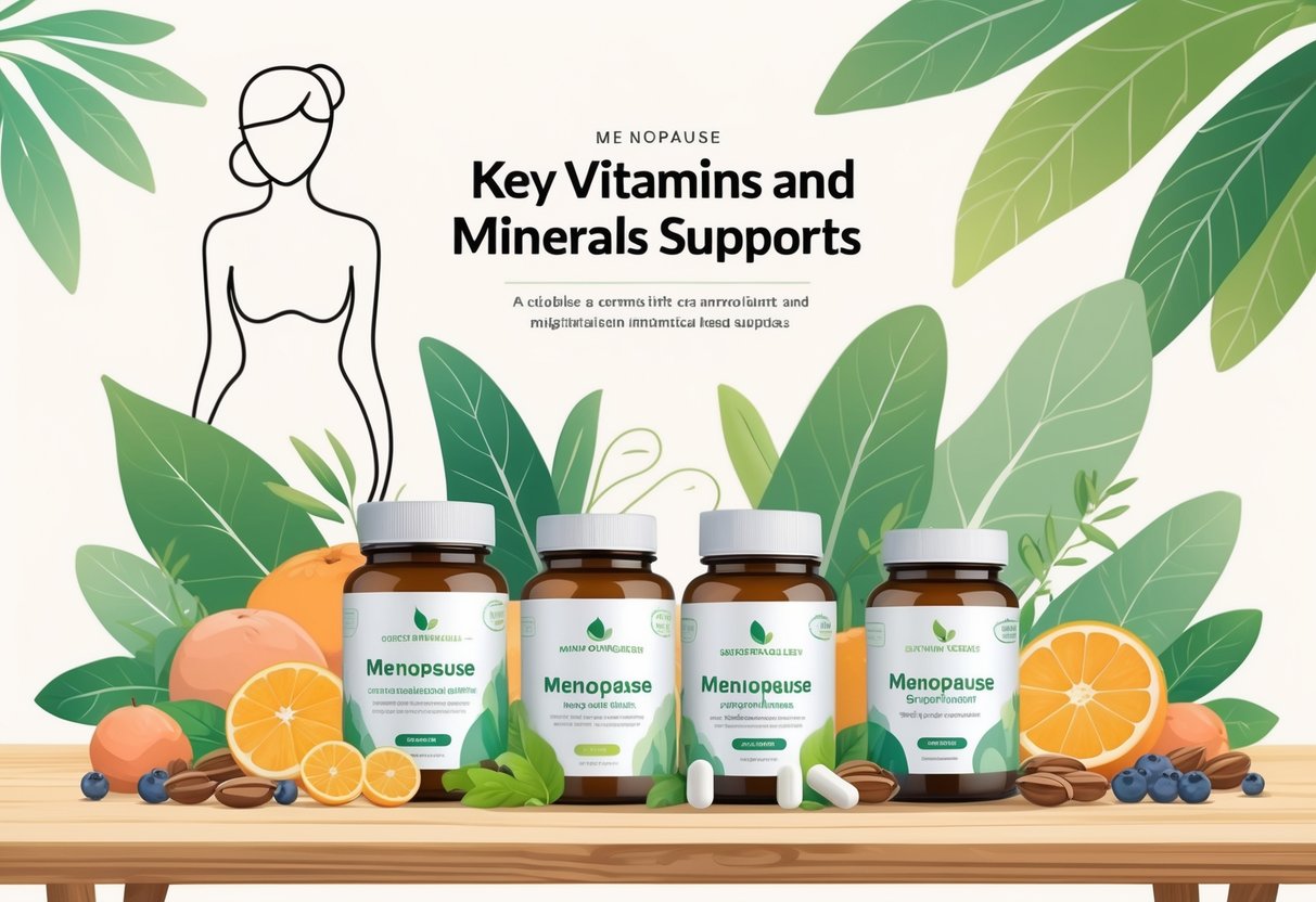 Illustration af vitaminer og mineraler kosttilskud med frugt og grøntsager til støtte under overgangsalderen.
