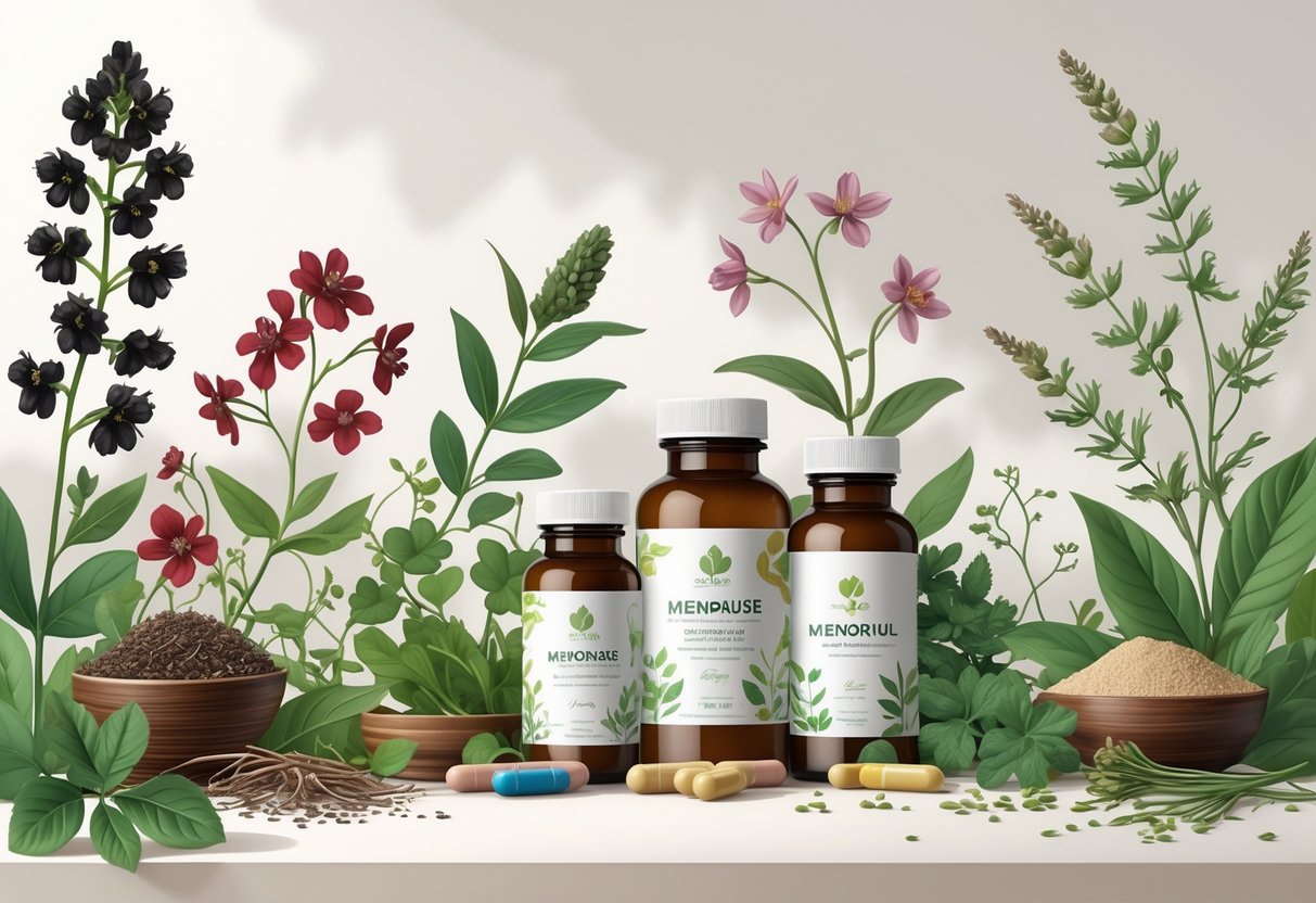 Illustration af naturlige og plantebaserede kosttilskud til overgangsalderen med planter og kosttilskud.