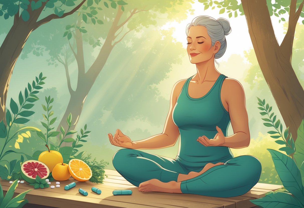 En kvinde i overgangsalderen praktiserer yoga udendørs omgivet af naturlige kosttilskud og friske urter.