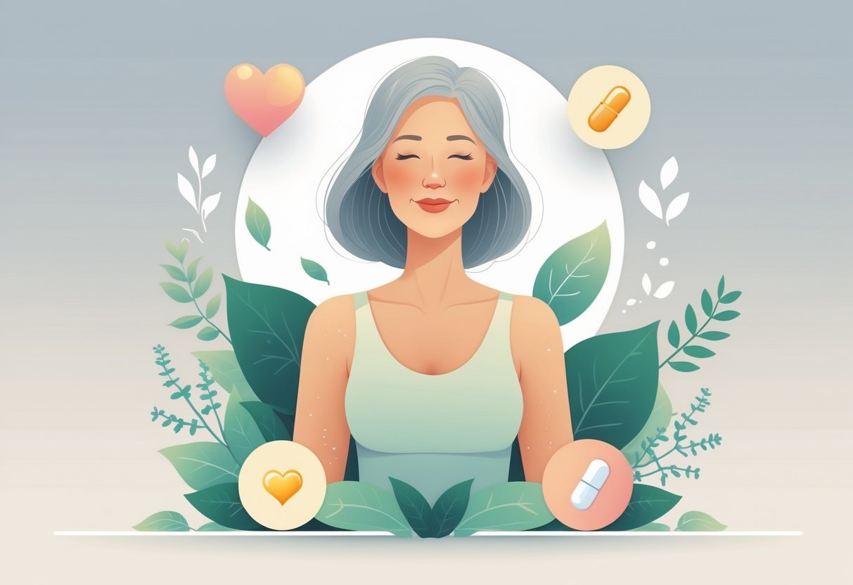En midaldrende kvinde omgivet af naturlige elementer som urter og vitaminer, der symboliserer sundhed og velvære under overgangsalderen.