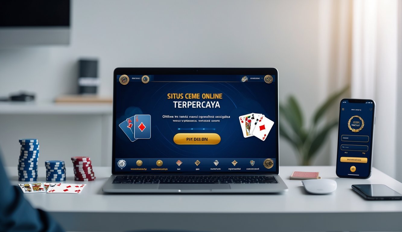 Seorang pria menggunakan laptop di meja kerja yang rapi dengan tampilan permainan kartu digital di layar, dikelilingi oleh chip poker dan ponsel, menggambarkan suasana permainan Ceme online yang terpercaya.