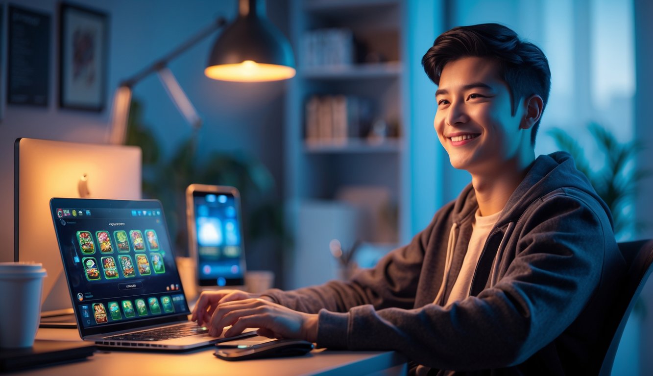Seseorang duduk di meja dengan laptop yang menampilkan permainan kartu digital, terlihat percaya diri dan senang.