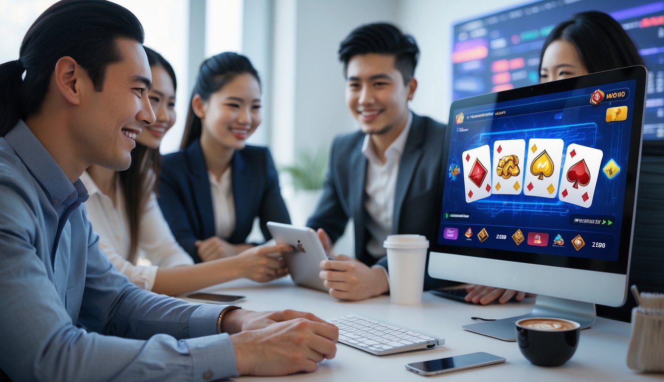 Sekelompok orang muda sedang bermain permainan kartu online di depan komputer di ruang kerja yang rapi dan modern.