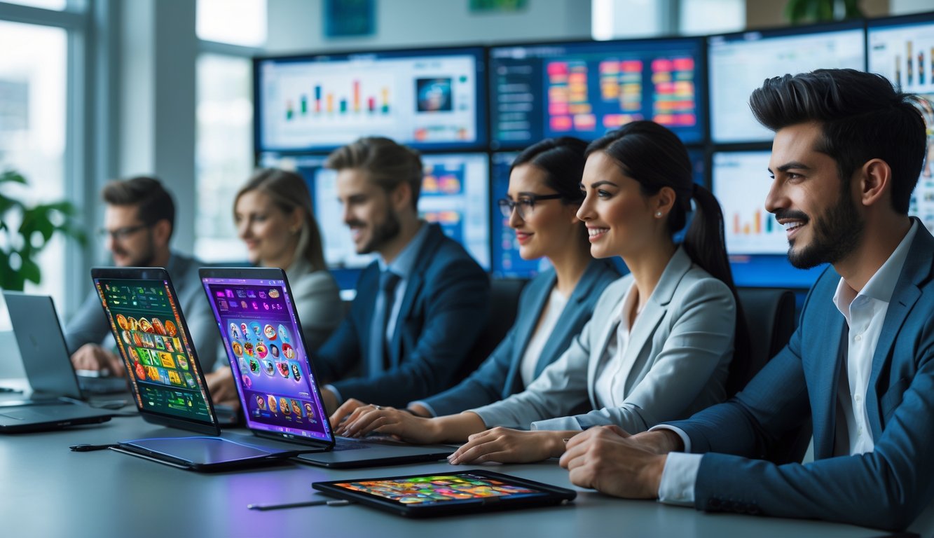 Sekelompok profesional muda sedang bermain permainan kartu online di kantor modern dengan perangkat digital.