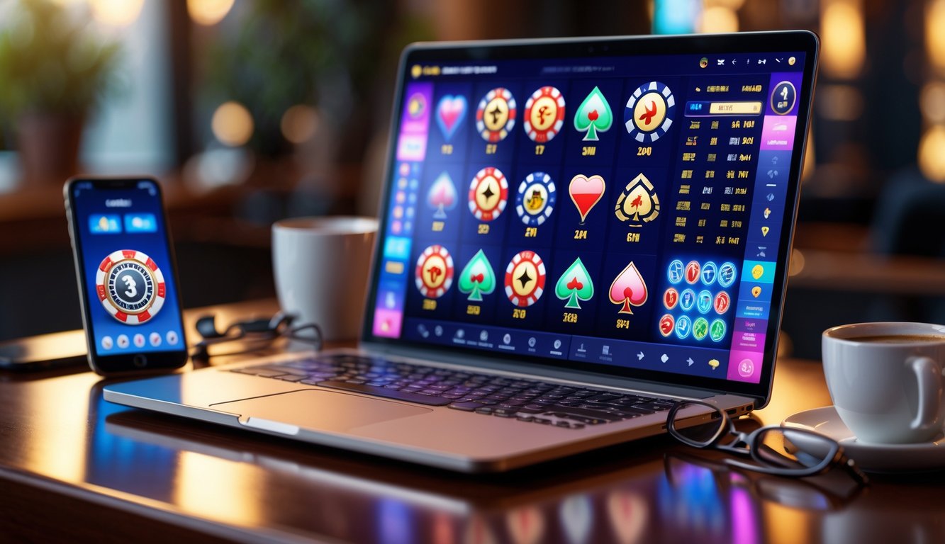 Seorang pengguna sedang melihat laptop dengan tampilan permainan kasino online di meja kayu dengan latar belakang yang samar.