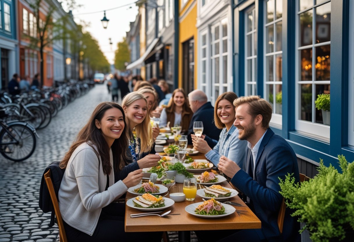 People enjoying traditional Danish food at outdoor tables on a cobblestone street in Copenhagen with colorful buildings and bicycles nearby.