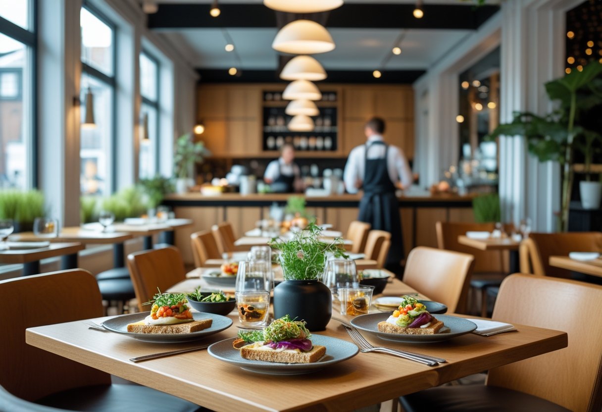 Cozy Danish restaurant interior in Copenhagen with wooden tables displaying traditional Danish dishes and a waiter serving customers.