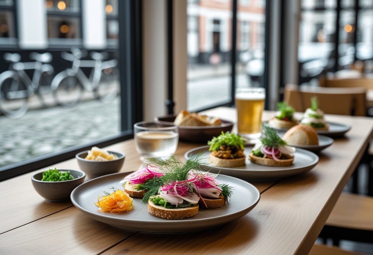 A table in a Danish restaurant with traditional open-faced sandwiches, rye bread, and a drink, set against a background showing a window with a view of a street in Copenhagen.