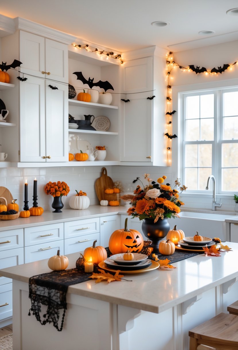 32 Halloween Kitchen Decor Ideas 2025: Creative Ways to Transform Your Cooking Space 2 A modern kitchen decorated with pumpkins, candles, autumn leaves, and Halloween-themed decorations.