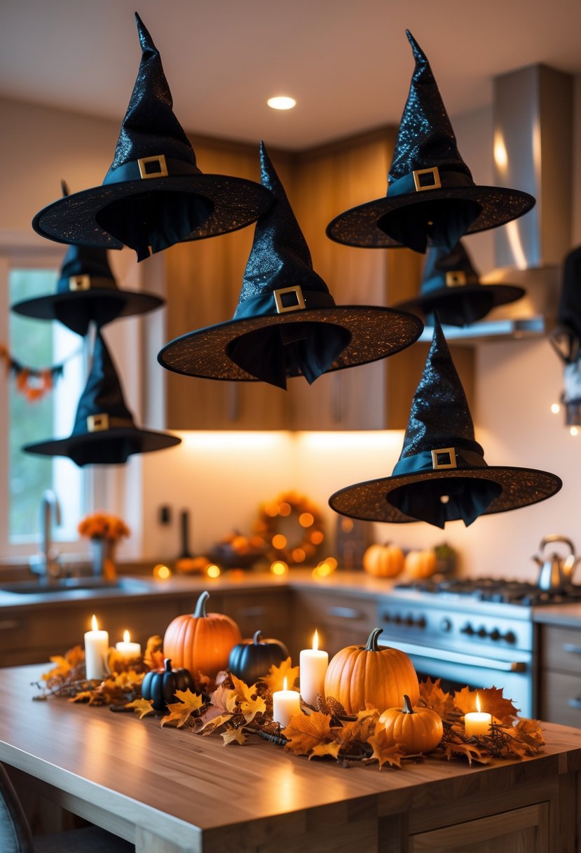 32 Halloween Kitchen Decor Ideas 2025: Creative Ways to Transform Your Cooking Space 3 A modern kitchen decorated for Halloween with floating black witch hats above a wooden island surrounded by pumpkins and autumn decorations.