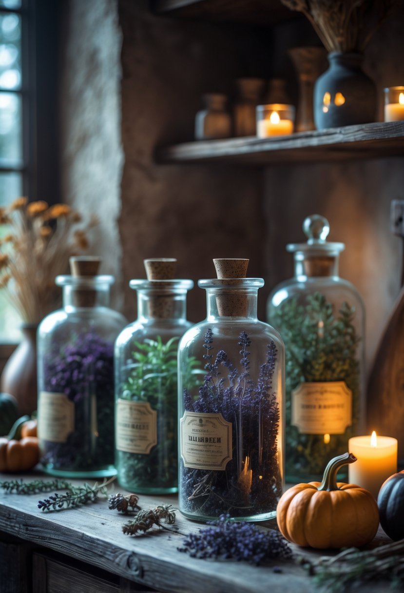 32 Halloween Kitchen Decor Ideas 2025: Creative Ways to Transform Your Cooking Space 4 A kitchen shelf with vintage glass jars filled with dark, unusual herbs and small Halloween decorations like pumpkins and candles.