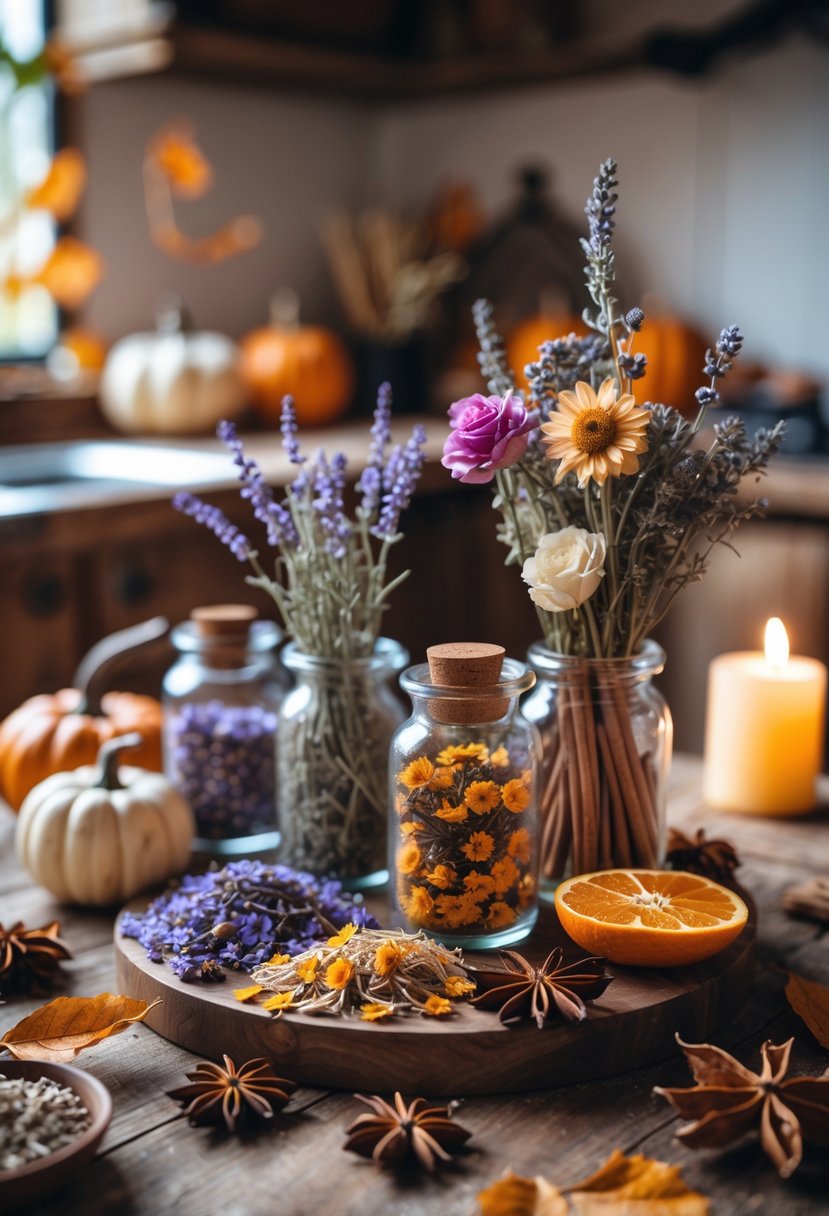 32 Halloween Kitchen Decor Ideas 2025: Creative Ways to Transform Your Cooking Space 6 A rustic kitchen table with jars and bowls of dried herbs and flowers, small pumpkins, autumn leaves, and a lit candle arranged for Halloween decor.