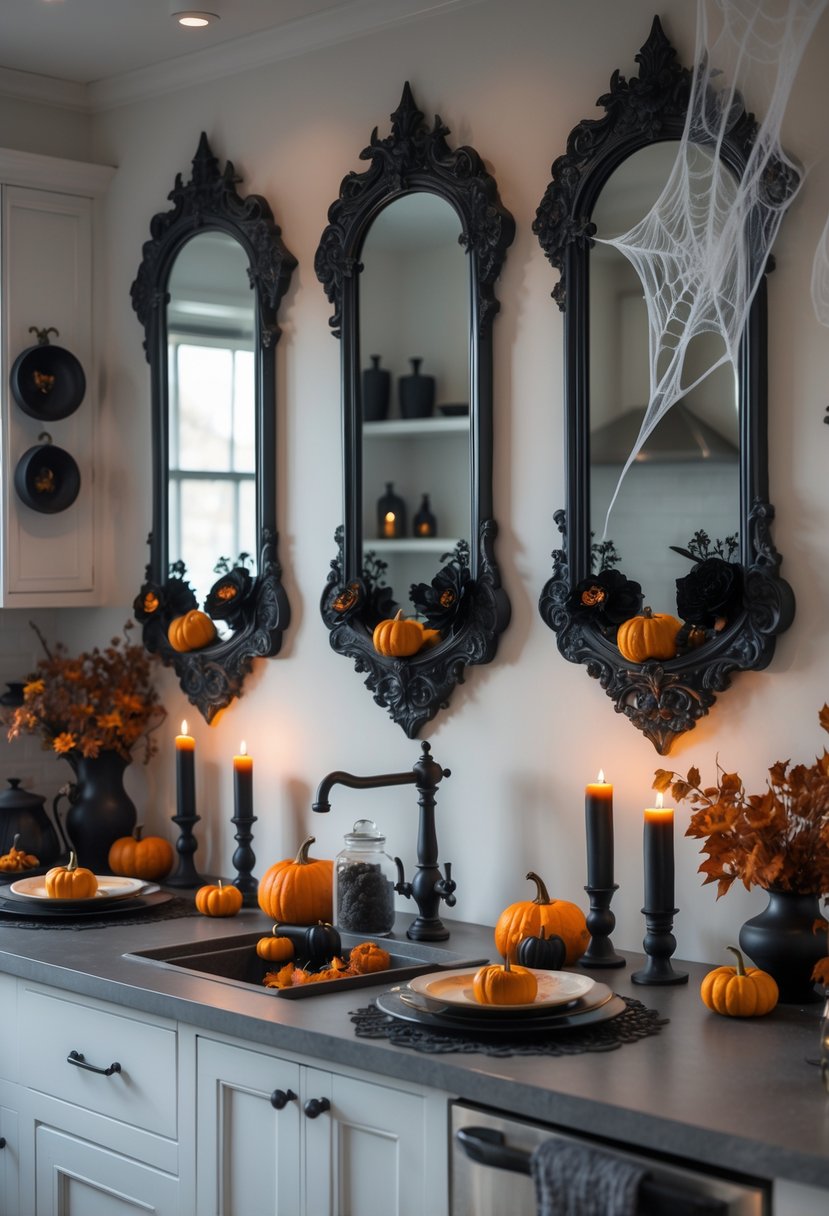 32 Halloween Kitchen Decor Ideas 2025: Creative Ways to Transform Your Cooking Space 7 A kitchen decorated for Halloween with gothic mirrors, pumpkins, candles, and autumn decorations on the countertops and walls.