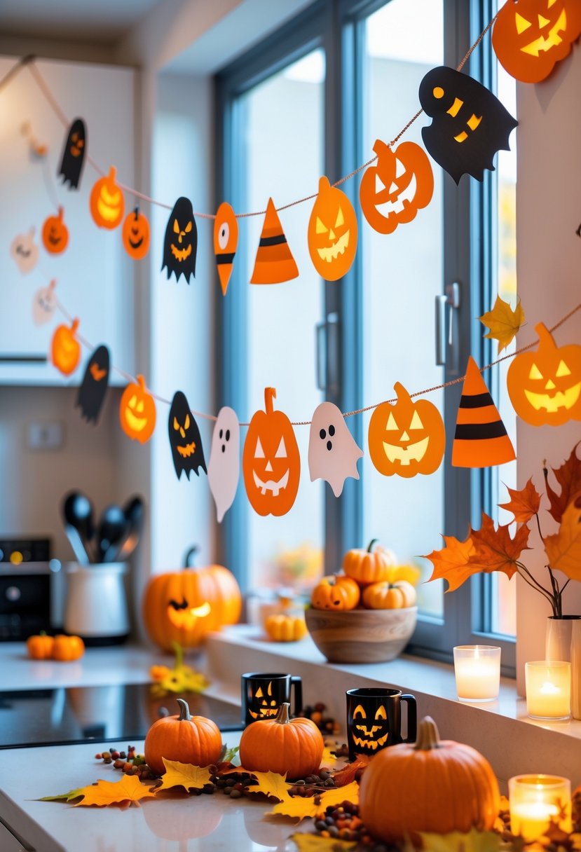 32 Halloween Kitchen Decor Ideas 2025: Creative Ways to Transform Your Cooking Space 8 A kitchen decorated for Halloween with a paper garland, pumpkins, and festive kitchenware on the counter.