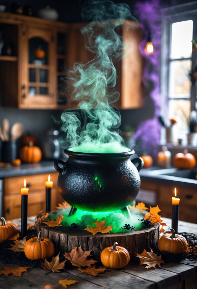 32 Halloween Kitchen Decor Ideas 2025: Creative Ways to Transform Your Cooking Space 9 A witch's cauldron boiling green potion on a wooden kitchen table surrounded by pumpkins, autumn leaves, and candles.