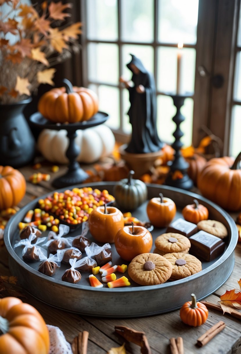 32 Halloween Kitchen Decor Ideas 2025: Creative Ways to Transform Your Cooking Space 10 A vintage Halloween treat tray on a wooden kitchen table with assorted Halloween candies and autumn decorations around it.