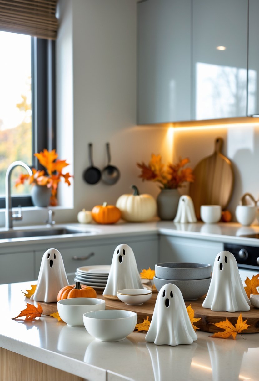 32 Halloween Kitchen Decor Ideas 2025: Creative Ways to Transform Your Cooking Space 11 A kitchen countertop decorated with white ghost pottery and Halloween-themed items like pumpkins and autumn leaves.